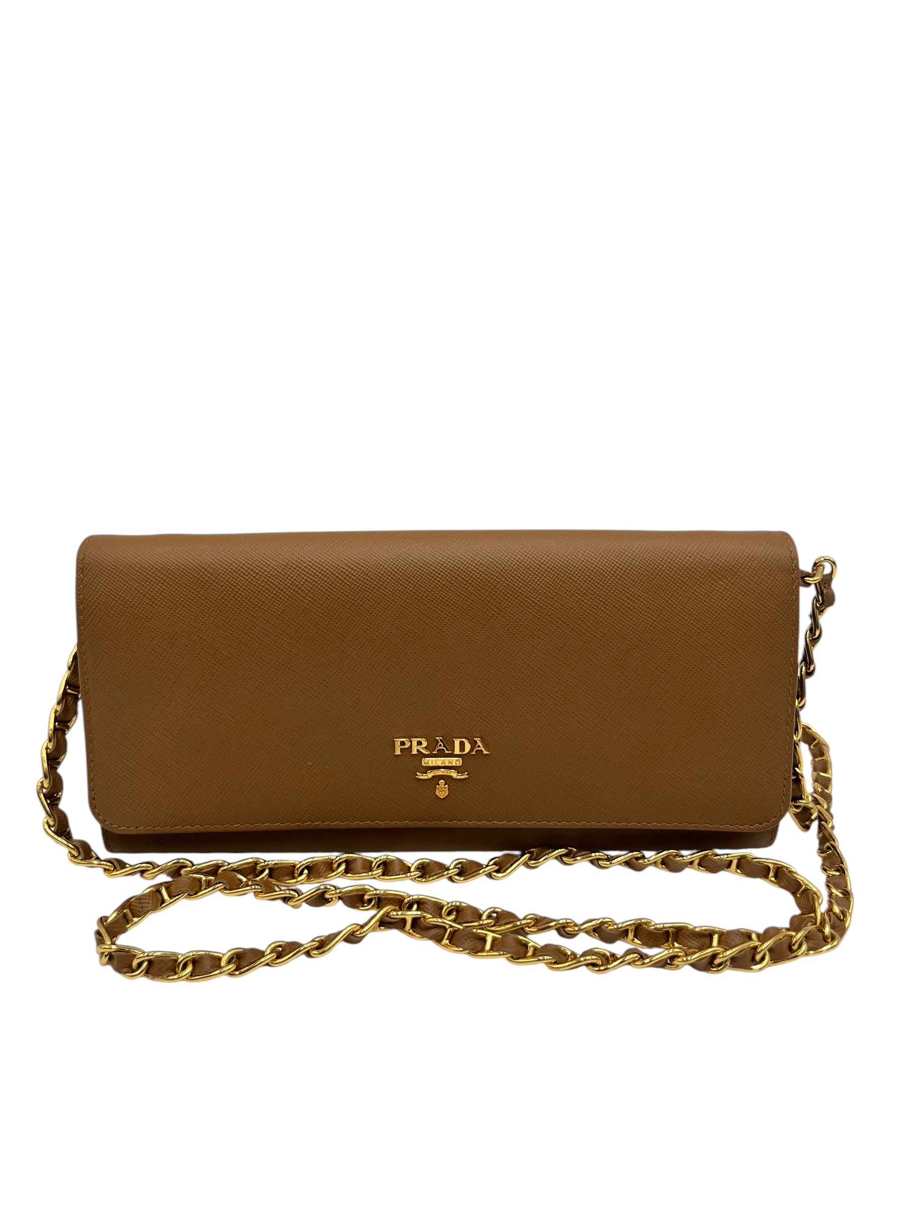 PRADA SAFFIANO WALLET ON CHAIN BROWN