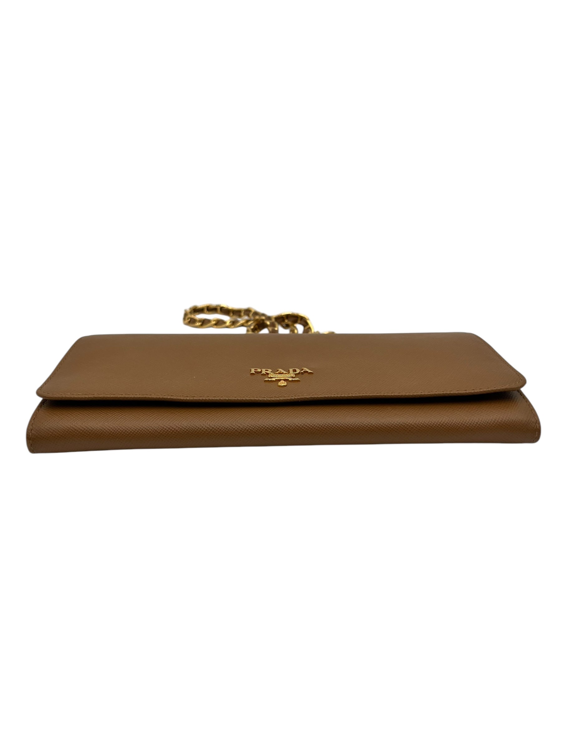 PRADA SAFFIANO WALLET ON CHAIN BROWN