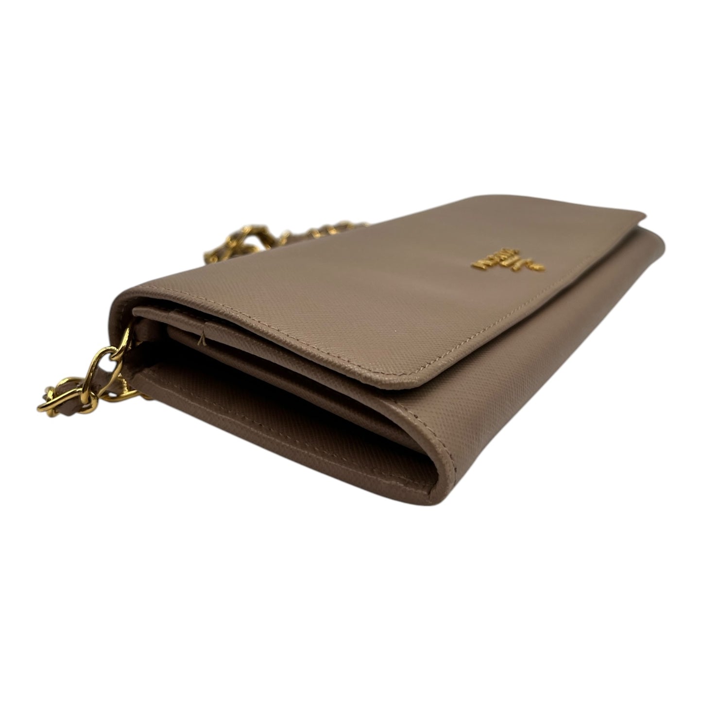 PRADA SAFFIANO LEATHER WALLET ON CHAIN IN TAUPE