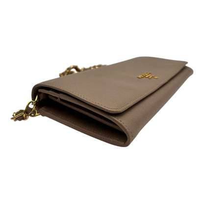 PRADA SAFFIANO LEATHER WALLET ON CHAIN IN TAUPE