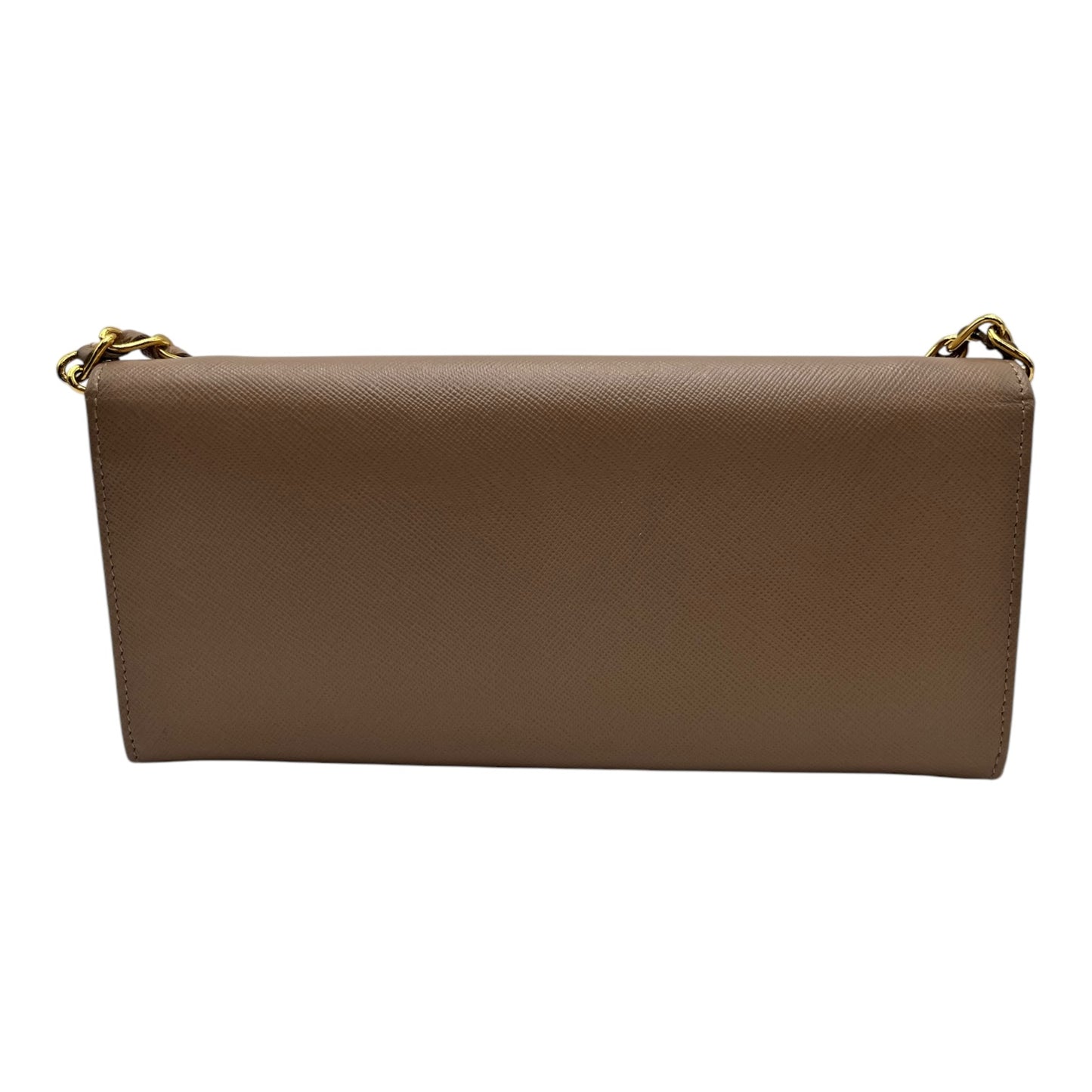 PRADA SAFFIANO LEATHER WALLET ON CHAIN IN TAUPE