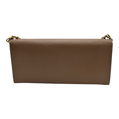 PRADA SAFFIANO LEATHER WALLET ON CHAIN IN TAUPE