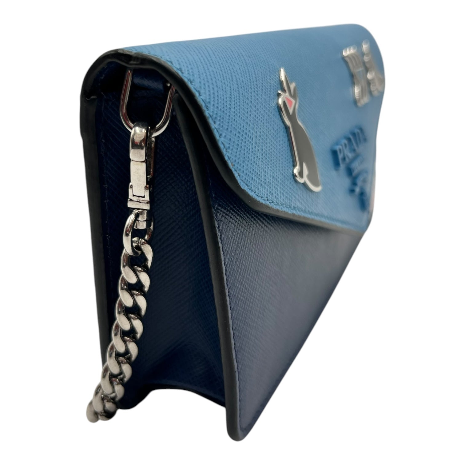 PRADA LEATHER WALLET ON CHAIN BLUE