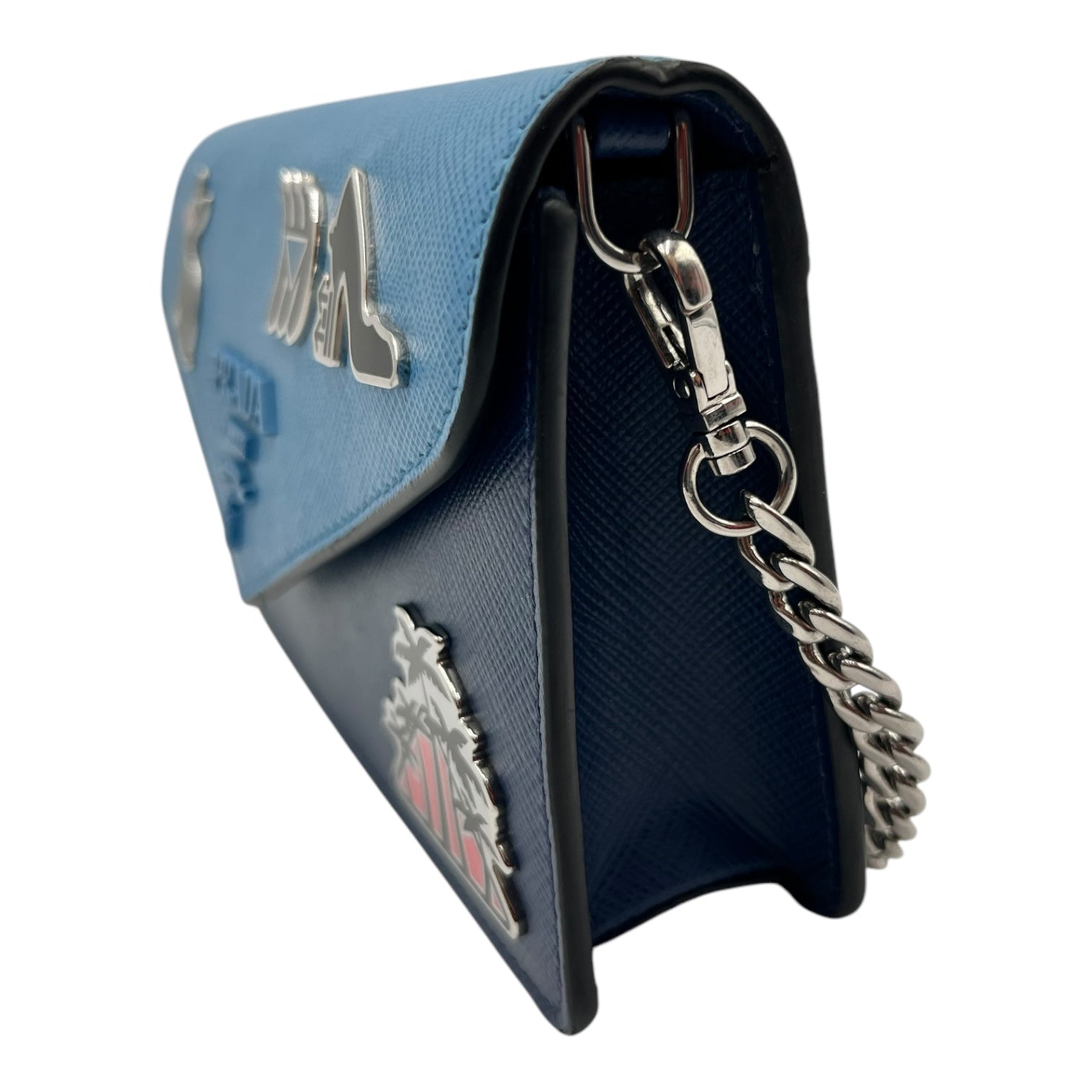 PRADA LEATHER WALLET ON CHAIN BLUE