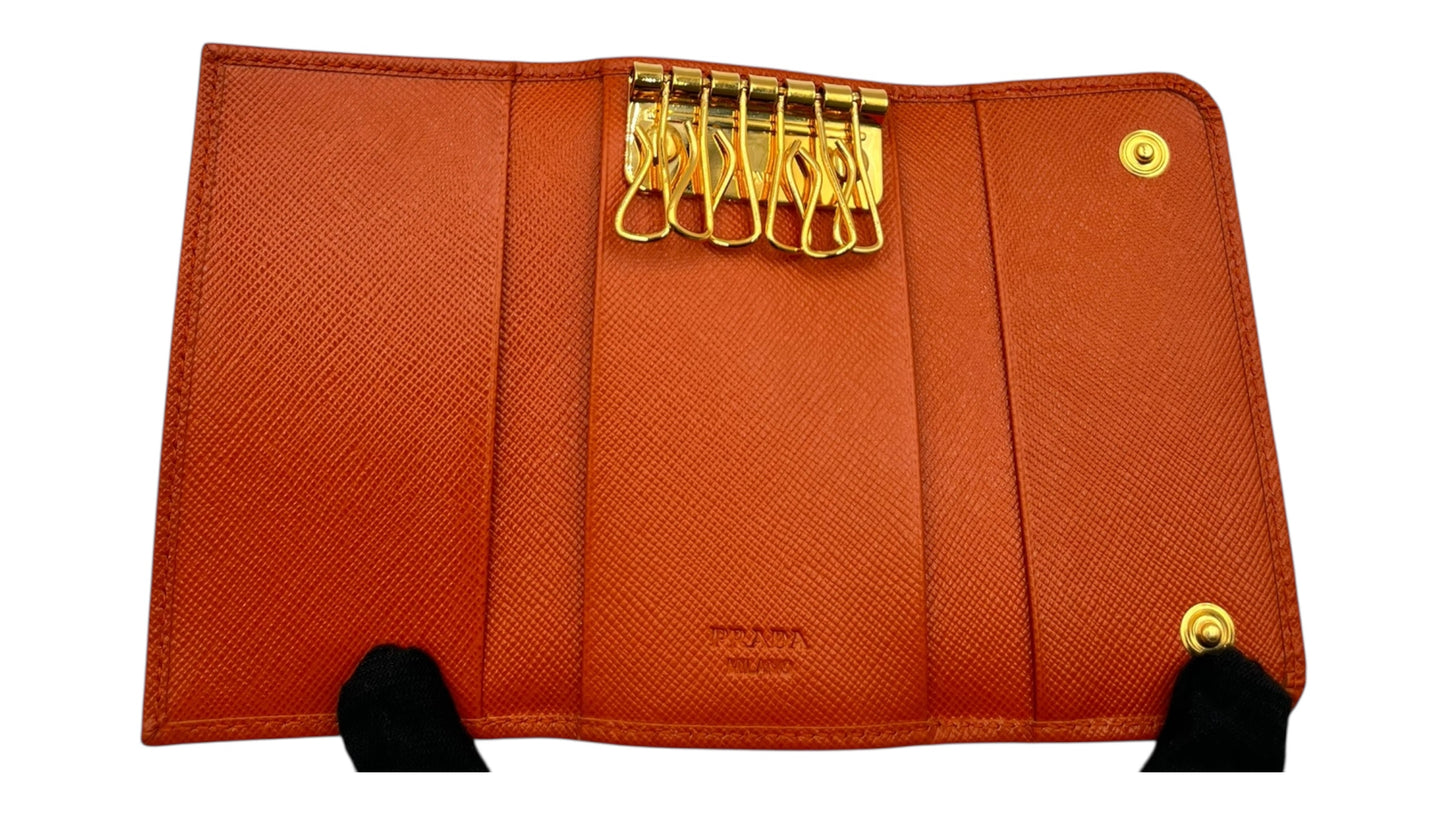PRADA ORANGE SAFFIANO KEY HOLDER LEATHER PONY STYLE