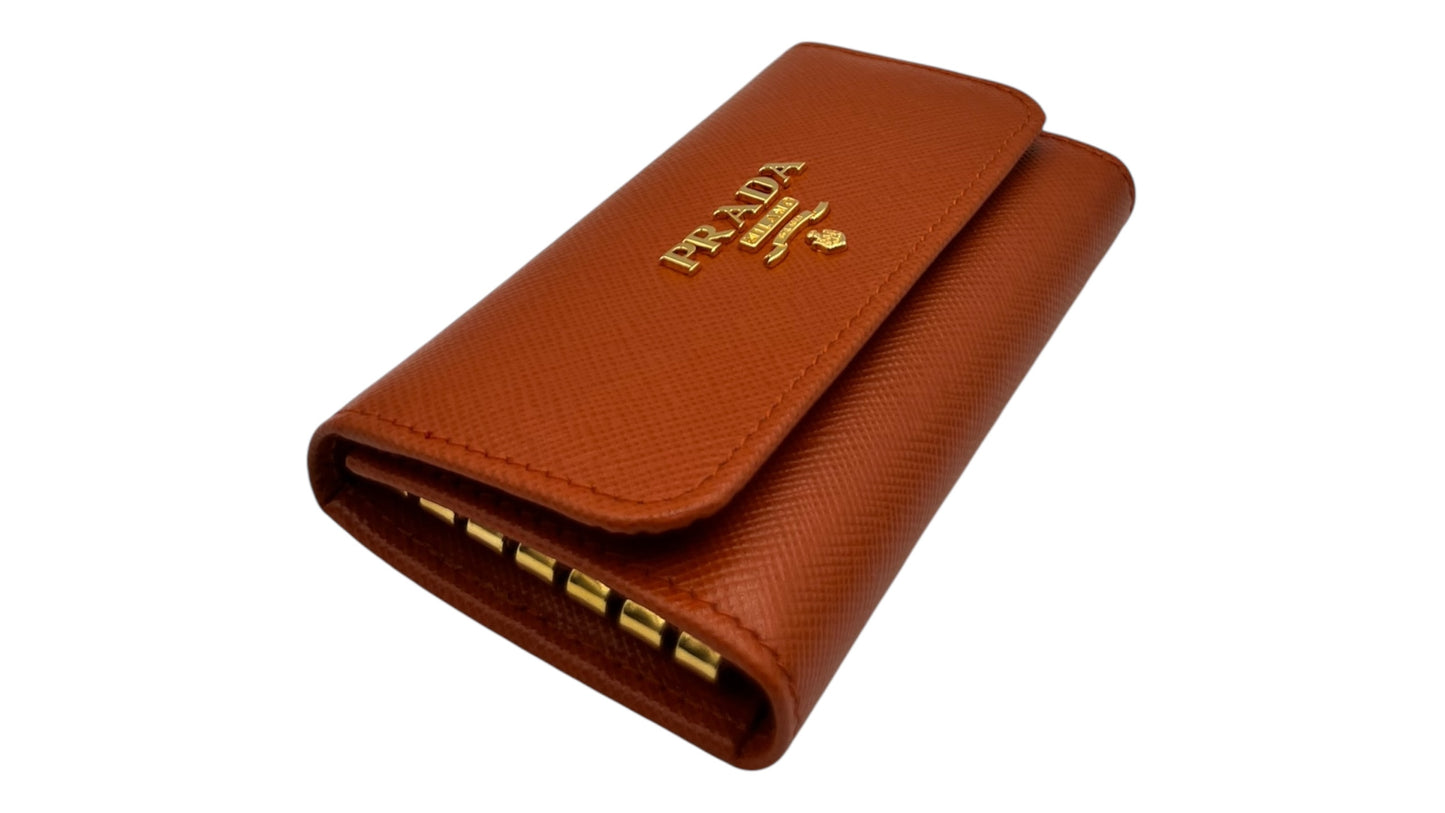 PRADA ORANGE SAFFIANO KEY HOLDER LEATHER PONY STYLE
