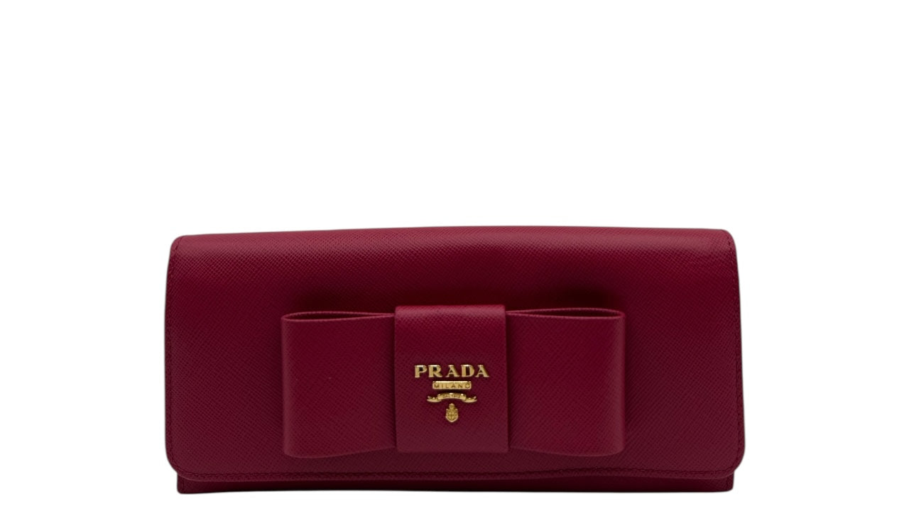 PRADA SAFFIANO LEATHER BOW CONTINENTAL FLAP WALLET PINK PEONIA