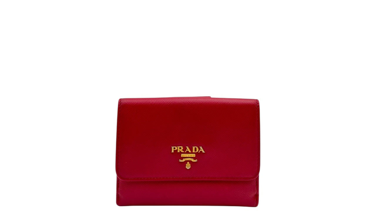 PRADA SAFFIANO LEATHER FRENCH WALLET WITH FOLD OVER CLASP PINK