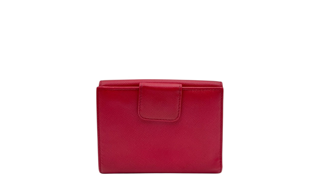 PRADA SAFFIANO LEATHER FRENCH WALLET WITH FOLD OVER CLASP PINK