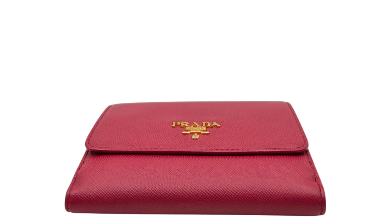 PRADA SAFFIANO LEATHER FRENCH WALLET WITH FOLD OVER CLASP PINK