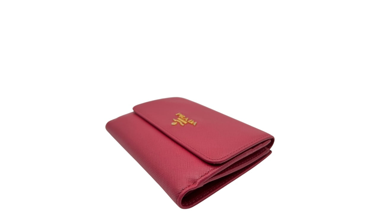 PRADA SAFFIANO LEATHER FRENCH WALLET WITH FOLD OVER CLASP PINK