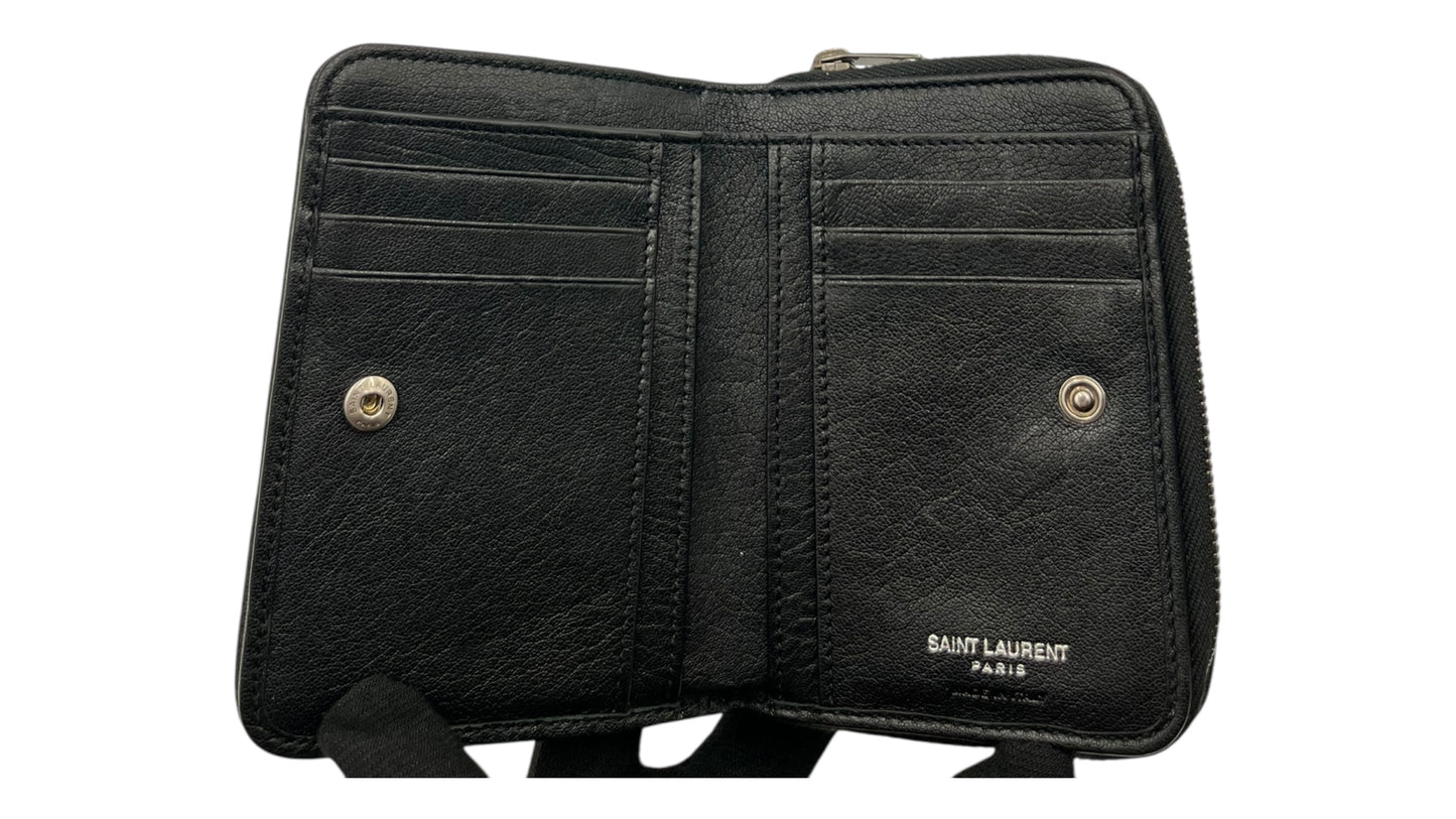 YSL GRAIN DE POUDRE MATELASSE CHEVRON MONGRAM ZIP WALLET BLACK