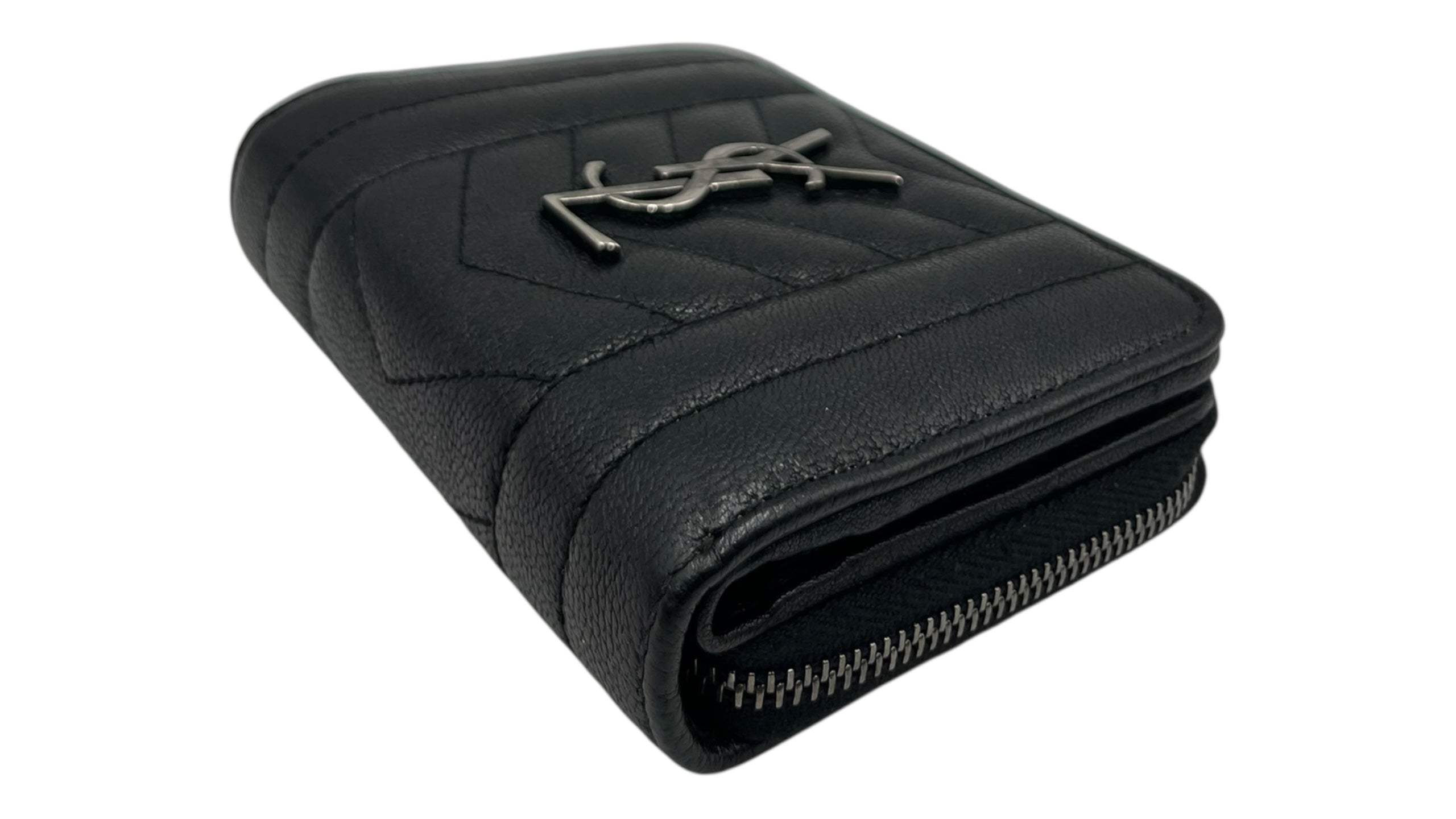 YSL GRAIN DE POUDRE MATELASSE CHEVRON MONGRAM ZIP WALLET BLACK