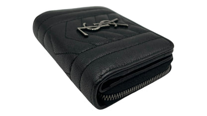 YSL GRAIN DE POUDRE MATELASSE CHEVRON MONGRAM ZIP WALLET BLACK