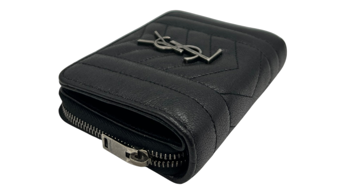 YSL GRAIN DE POUDRE MATELASSE CHEVRON MONGRAM ZIP WALLET BLACK