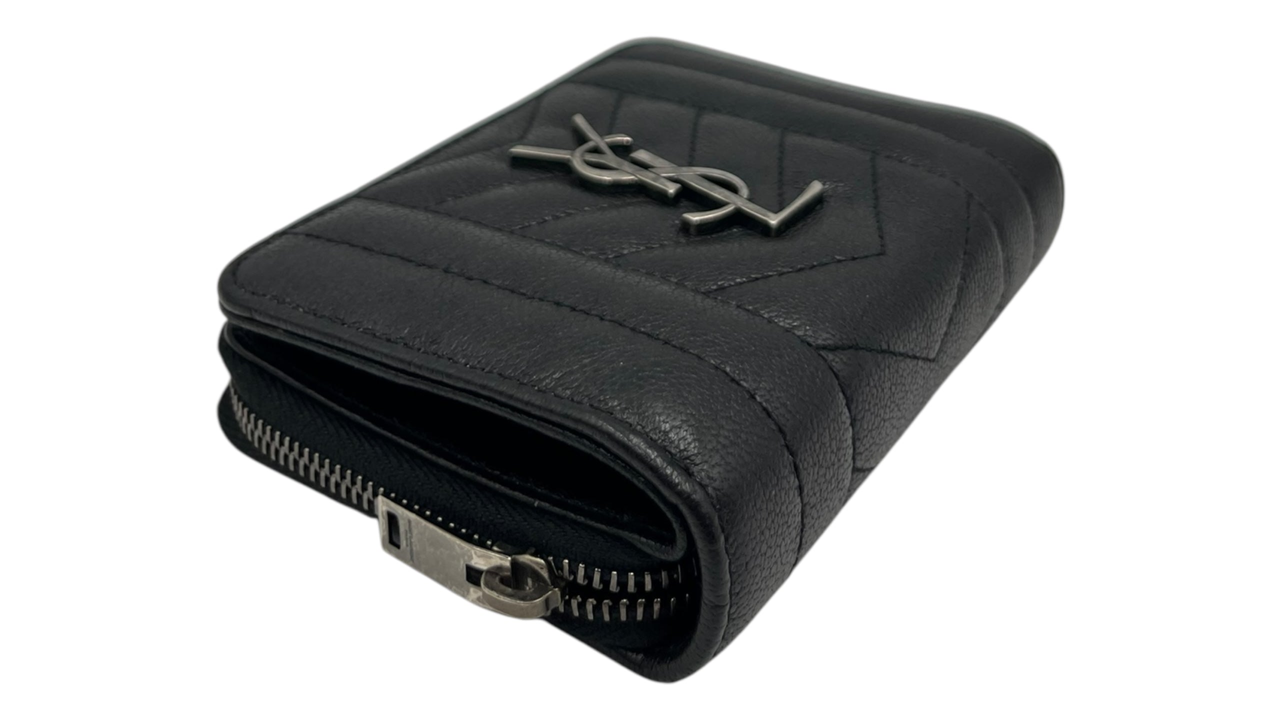 YSL GRAIN DE POUDRE MATELASSE CHEVRON MONGRAM ZIP WALLET BLACK