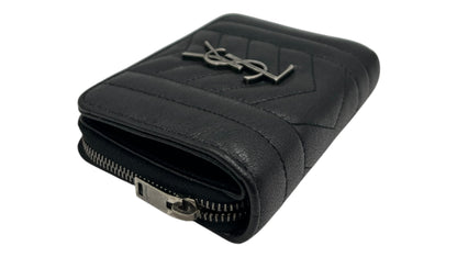 YSL GRAIN DE POUDRE MATELASSE CHEVRON MONGRAM ZIP WALLET BLACK