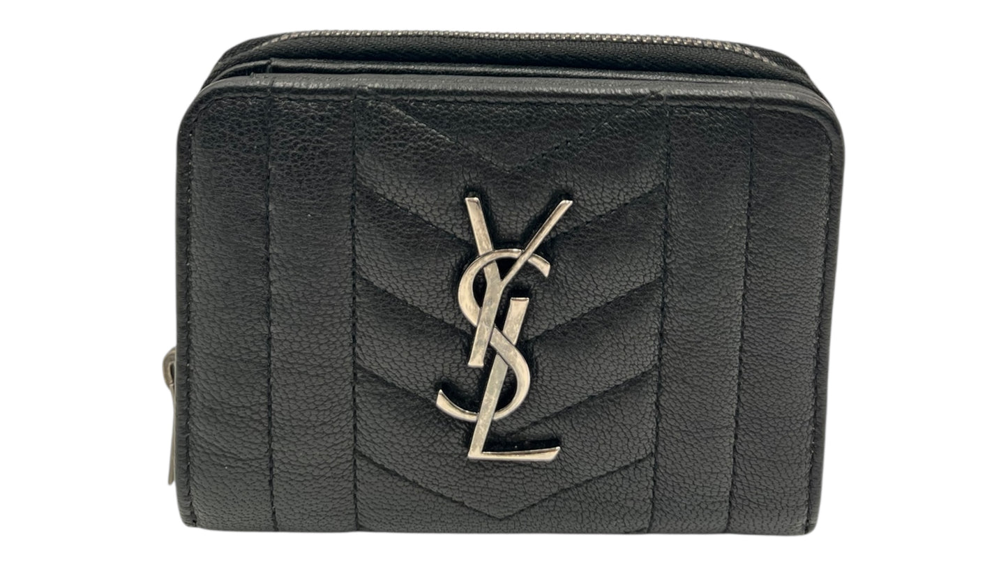 YSL GRAIN DE POUDRE MATELASSE CHEVRON MONGRAM ZIP WALLET BLACK
