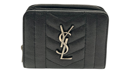 YSL GRAIN DE POUDRE MATELASSE CHEVRON MONGRAM ZIP WALLET BLACK