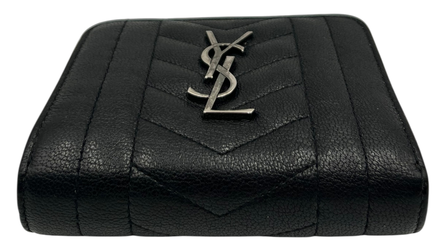 YSL GRAIN DE POUDRE MATELASSE CHEVRON MONGRAM ZIP WALLET BLACK