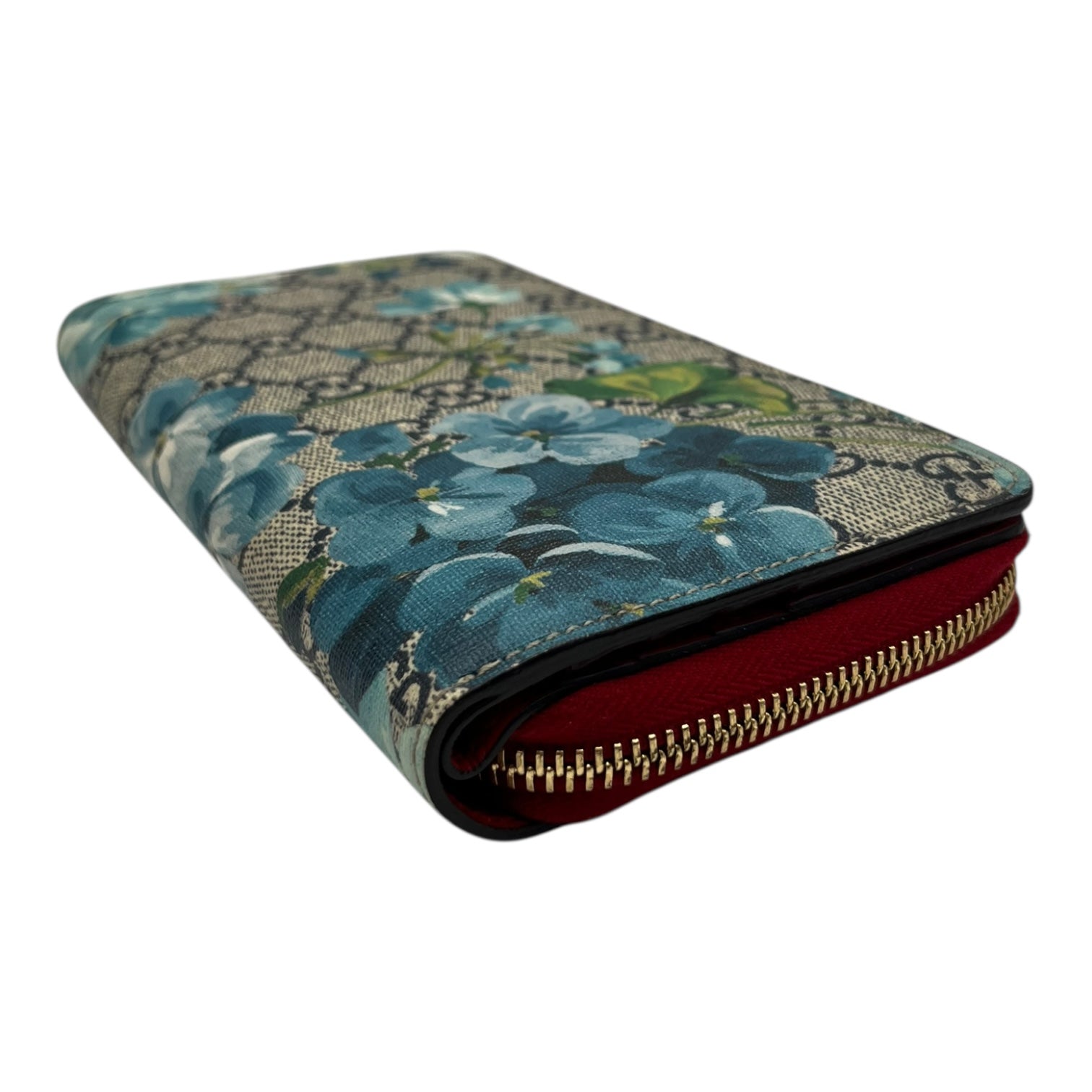 GUCCI GG SUPREME MONOGRAM BLOOMS ZIP AROUND WALLET BLUE/RED