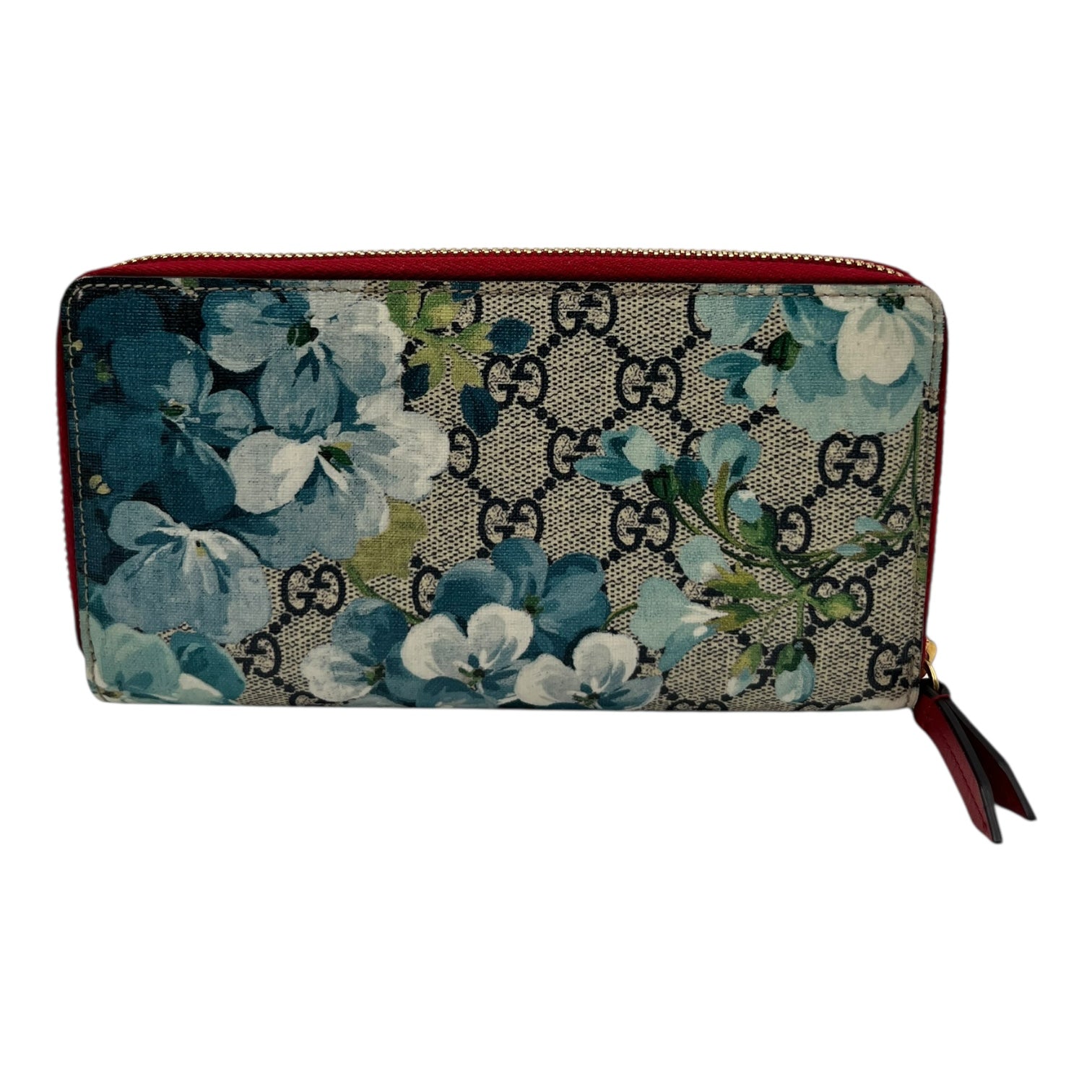 GUCCI GG SUPREME MONOGRAM BLOOMS ZIP AROUND WALLET BLUE/RED