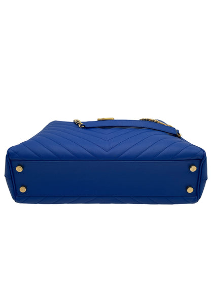 YSL SAINT LAURENT BLUE QUILTED GRAINED LEATHER MONOGRAM TOTE